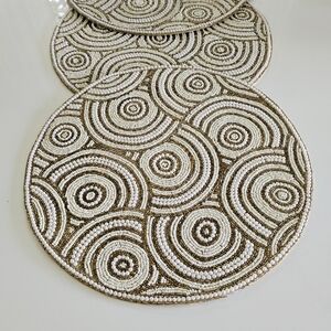 Elegant Beaded Placemat Set Of 4 - Gold and Cream